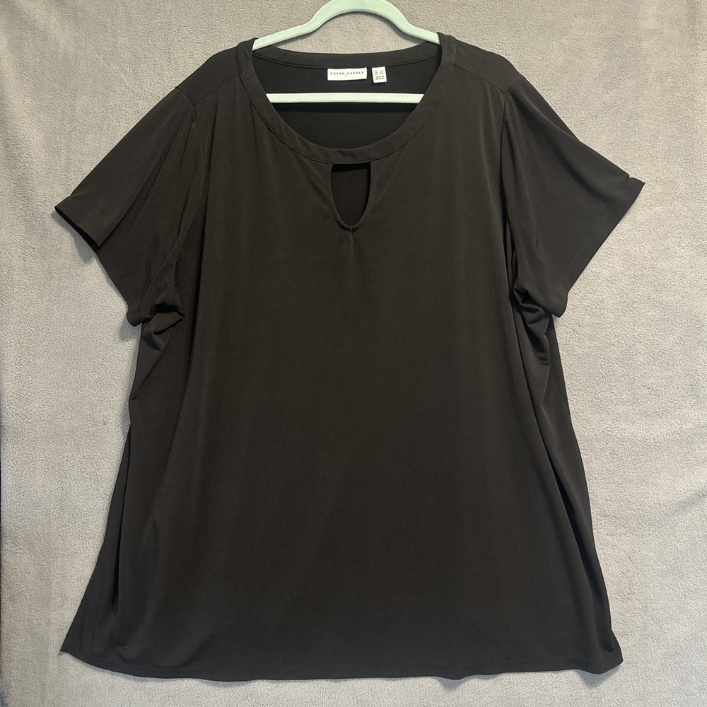 Susan Graver Liquid Knit Tunic Top Short Sleeve Plus Size 3X Black Office Career